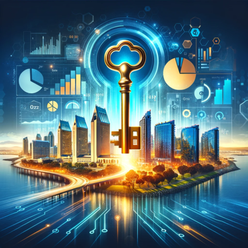 A digital illustration featuring a golden key symbolizing success, imposed over a stylized San Diego skyline with digital elements like graphs, pie charts, and binary code, in a blue and gold color scheme.