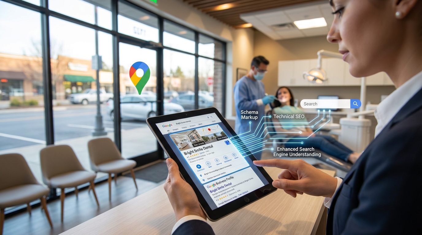 Schema Markup & Technical SEO boost search understanding for dental practices: Google Maps & Google Business Profile.