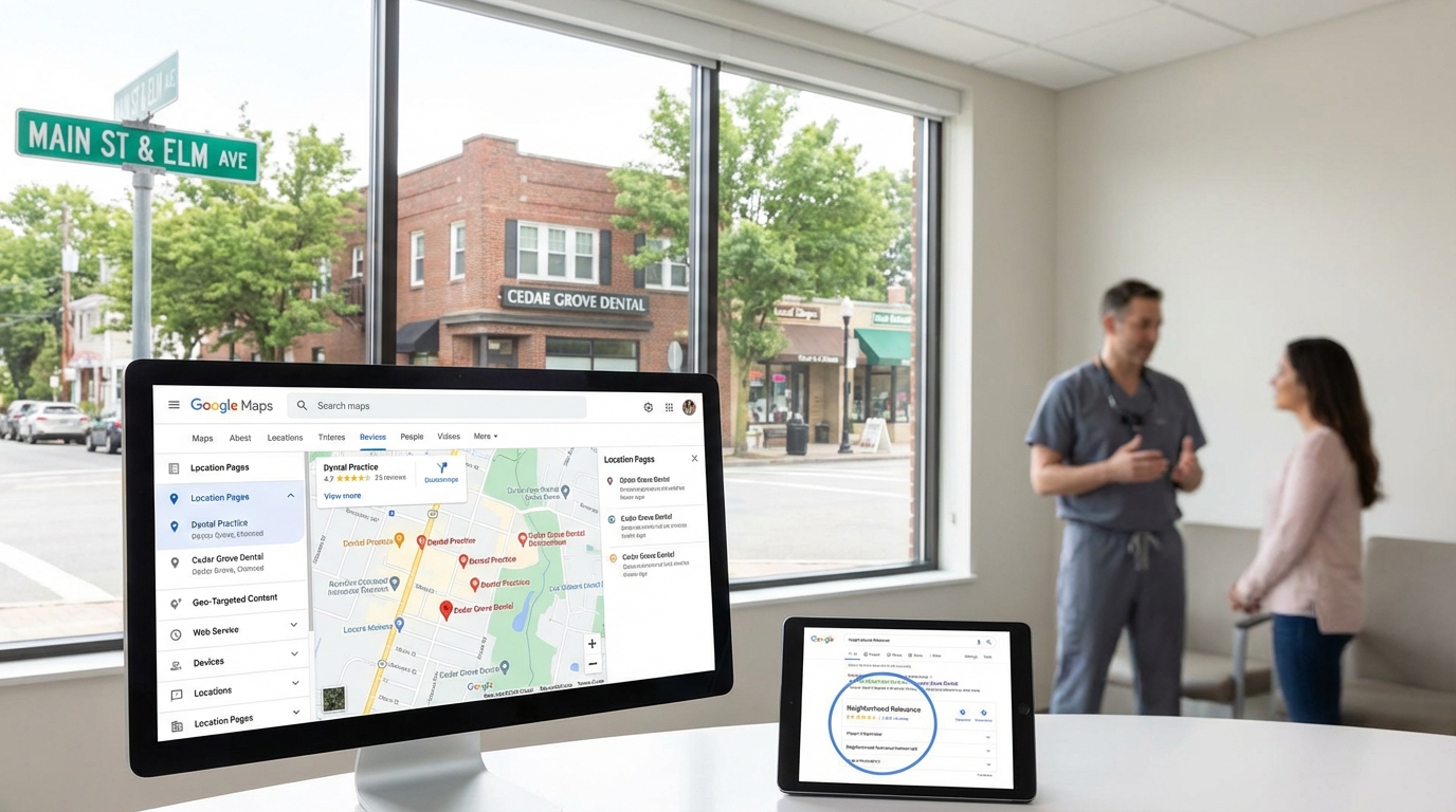 Dental practice location pages & geo-targeted content improve Google Maps & Google Business Profile neighborhood relevance.