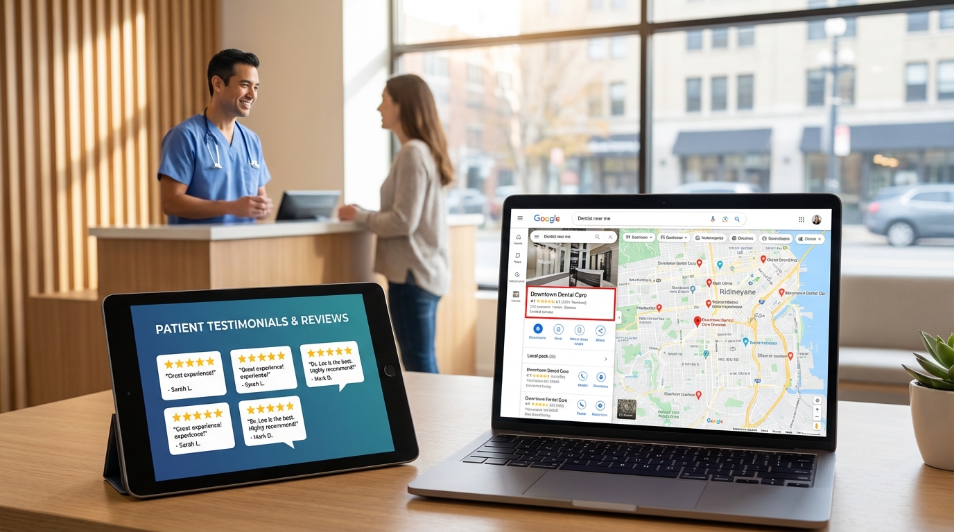 Patient testimonials impact Google Maps ranking for dental practice. Online reviews boost Google Business Profile proximity.