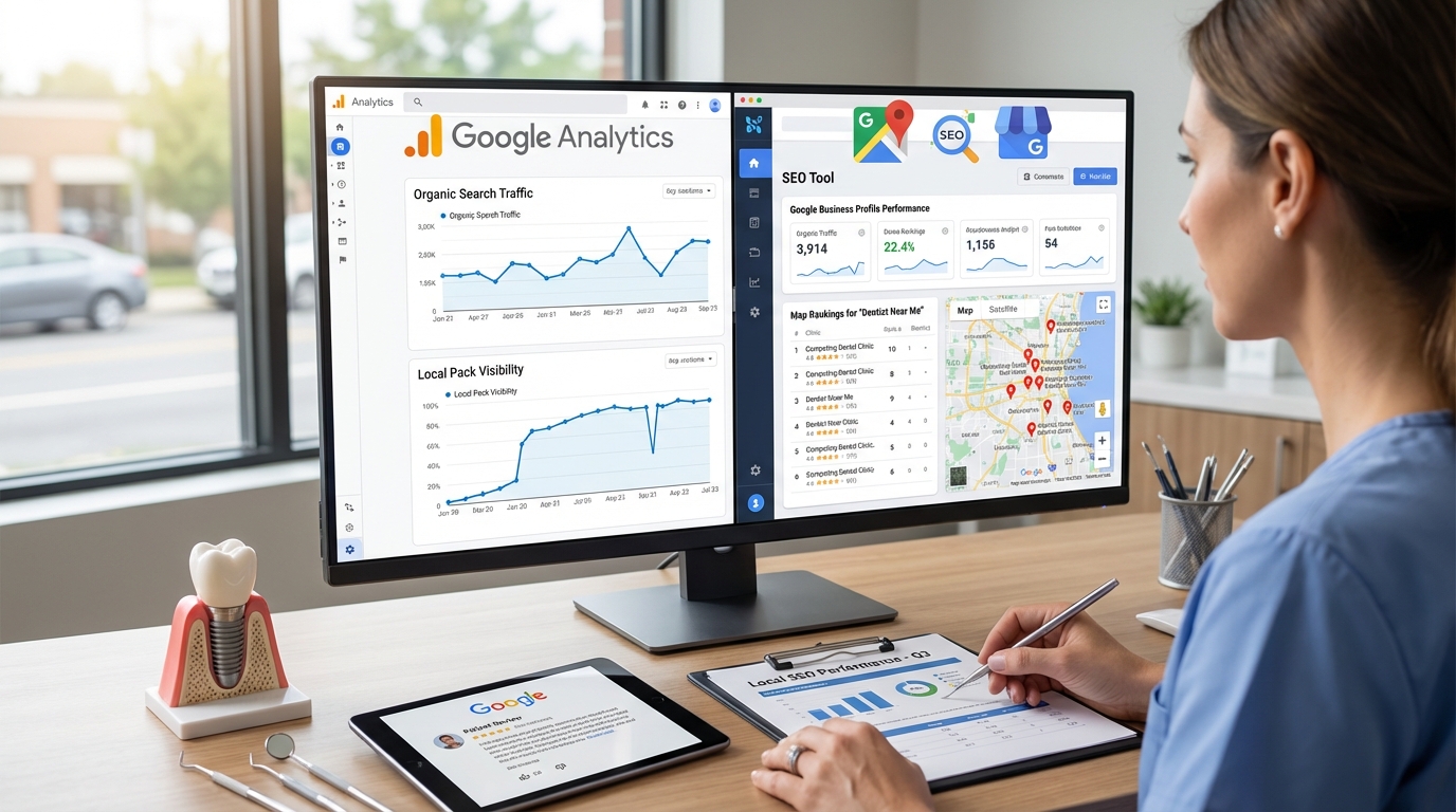 Dental practice performance monitoring: Google Analytics, Google Maps & Business Profile insights.